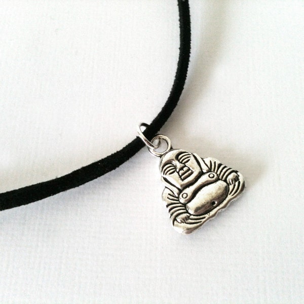 Buddha choker, buddha necklace, black suede cord, grunge 90's jewelry, yoga meditation, gift under 10
