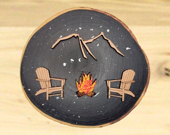 Campfire Wood Slice Art, Personalized Adirondack Chair Mountain Scene, Camping Ornament or Magnet, Custom Name or Initials