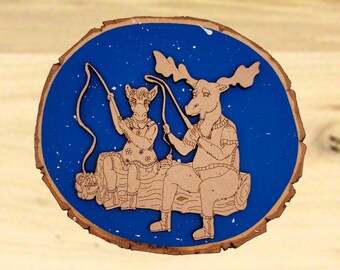 Christmas Ornaments,Wood Disk Ornaments,Fishing,Moose,Fishing Moose,Gifts for Fishermen,Fishing Gifts,Father's Day Gifts,Fishing Ornaments