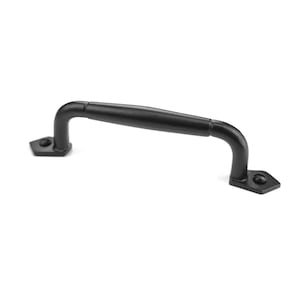 May include: Black metal cabinet pull with a rounded handle and square ends.