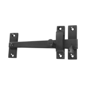 May include: Black metal door latch with a lever handle. The latch is mounted on a flat surface with two screws.