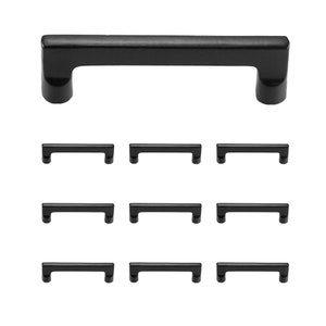 May include: A set of ten black cabinet pulls. The pulls are rectangular with rounded edges. The pulls are arranged in three rows of three, with one pull at the top.