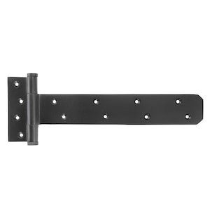 May include: Black metal gate hinge with multiple screw holes. The hinge is designed for heavy-duty use.