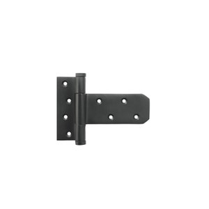 May include: Black metal hinge with multiple holes and a rounded top. The hinge is designed for heavy doors.