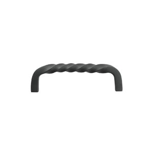 May include: Black twisted metal cabinet pull. The pull has a simple, elegant design.