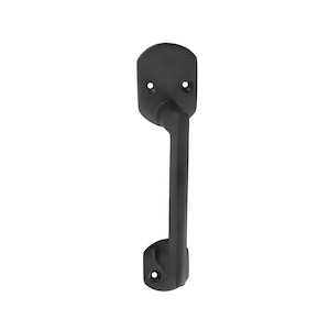 May include: Black metal door handle with a curved design. The handle has two mounting holes on each side.