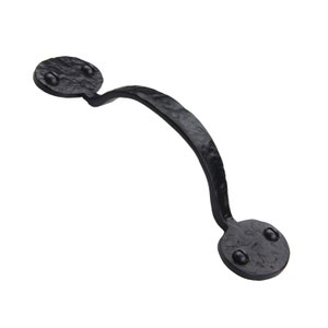May include: Black metal door pull with a rounded, hammered design. The pull has two round knobs on either end.