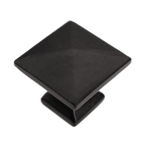 May include: Black square cabinet knob with a pyramid-shaped top and a square base.