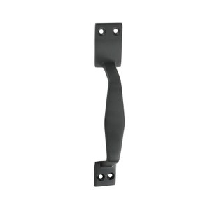 May include: Black metal door handle with a curved design. The handle has two mounting plates with screw holes.