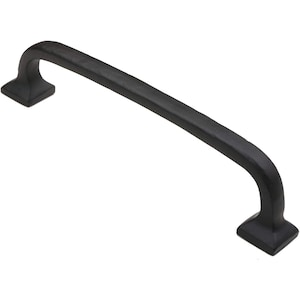 May include: A black, curved cabinet pull with a square base on each end. The handle is a solid bar with a slightly textured surface. This hardware is suitable for drawers and cabinets.