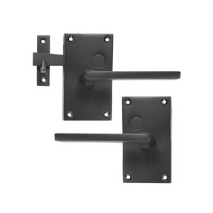 May include: Two black door handles with a square backplate and a lever handle. The handles are mounted on a white background.
