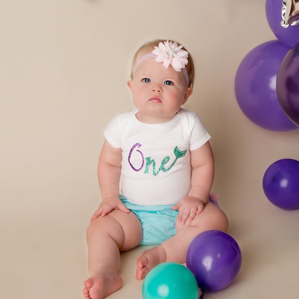 Mermaid first birthday one onesie optional set with matching headband and diaper cover
