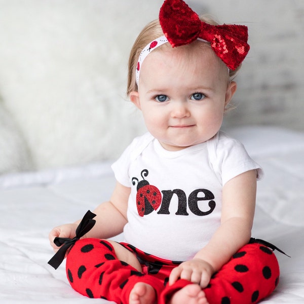 Ladybug first birthday one with name onesie optional outfit set with diaper cover, bow, and matching leg warmers option