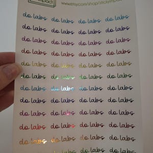 May include: A sheet of holographic stickers with the words "do labs" repeated in a handwritten style. The stickers have a shiny, iridescent finish, with colors shifting from blue to gold. The sheet also includes the shop name and website.