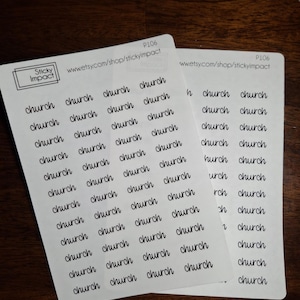 May include: Two white sticker sheets with the word "church" printed repeatedly in a black, handwritten-style font. The stickers are from Sticky Impact, with a website address printed at the top.