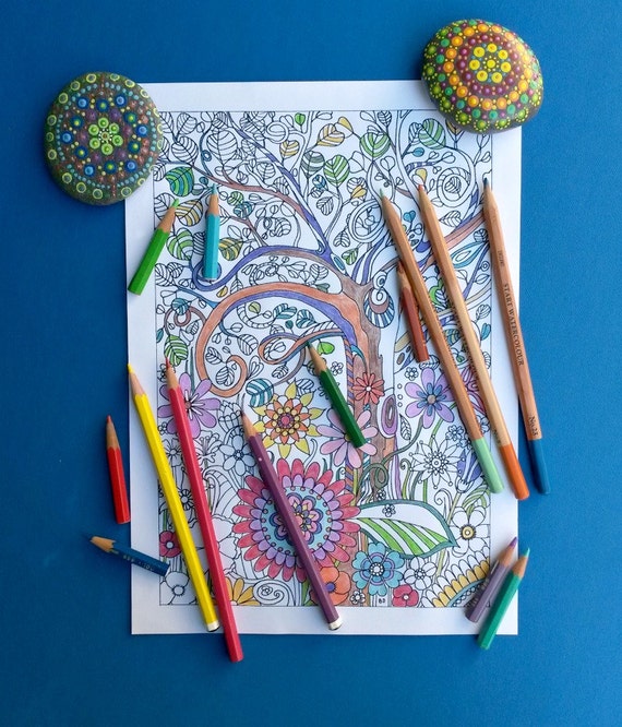 Hand drawn colouring page boho art tree and flowers instant | Etsy