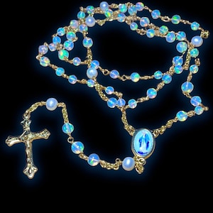 Miraculous Mary Rosary: Ethiopian Opal, Freshwater Pearl, 18k Gold Vermeil