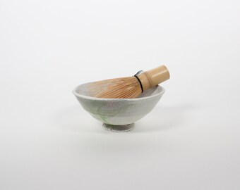 Japanese Shigaraki Ceramic Matcha Tea Bowl, White & Green