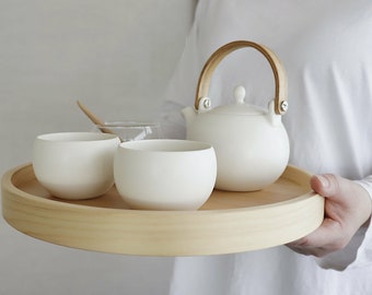 Japanese minoware ceramic teapot w/ wooden handle & 2 cups set