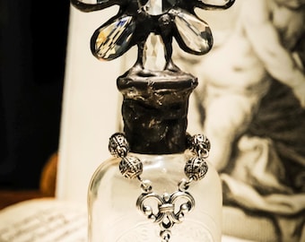 Heirloom Whispers Collection Handmade Glass Cross Bottle With a Century Old Antique Glass Bottle Base and Vintage European Crystals
