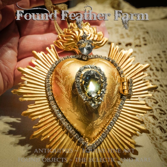 Flaming Heart Tin Ex Voto Locket in Rich Gold Leaf with Rhinestones and With an Antique Ribbon Hanger