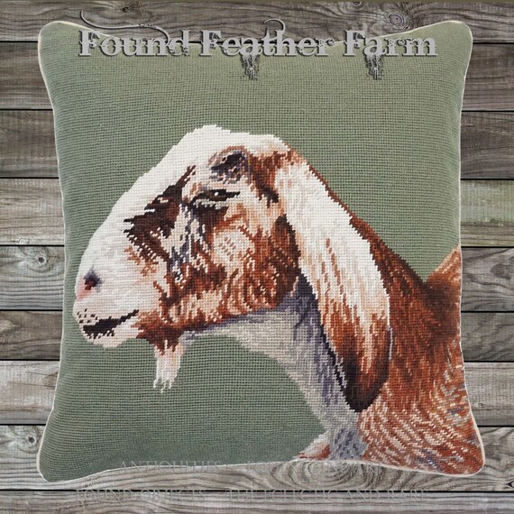 Handmade Wool Needlepoint Pillow of an 18" x 18" English Nubian Goat with Goose Down Fill