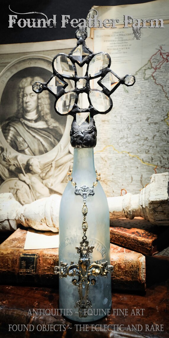 Handmade Cross Bottle With a Century Old Antique Milky Pale  Green Glass Bottle Base and Vintage European Crystals