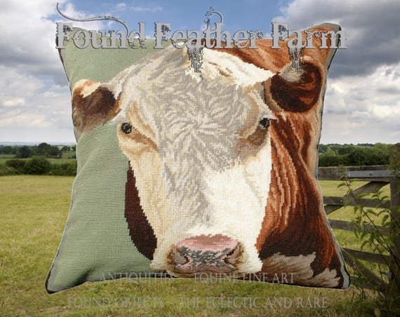 Handmade Wool 20" x 20" Needlepoint Pillow of a Hereford Cow with Down Fill