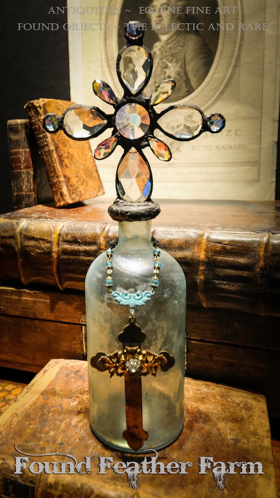 Handmade Cross Bottle with an Antique Late 1800s Pale Irridescent Grungy Mint Green Bottle