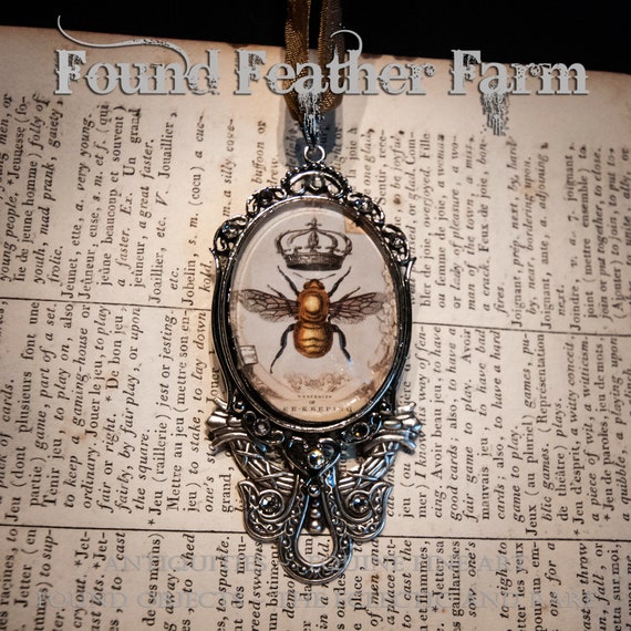 Handmade Medium Oval Embellished Glass and Silver Honey Bee and Crown Ornament with Gold Hanging Ribbon