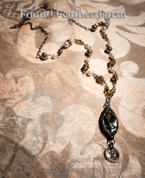 Handmade Glass Beaded Necklace with Soldered Crystal and Silver Stamped Cross Detail