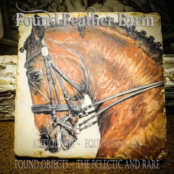 Set of Four Fine Italian Tumbled Marble Coasters with Original Equine Art Images