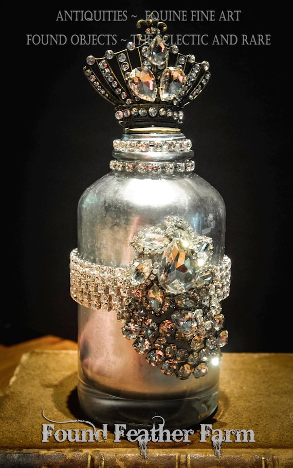 Vintage Medium Sized Mercury Glass Bottle Jeweled with Rhinestones and Topped with a Crown