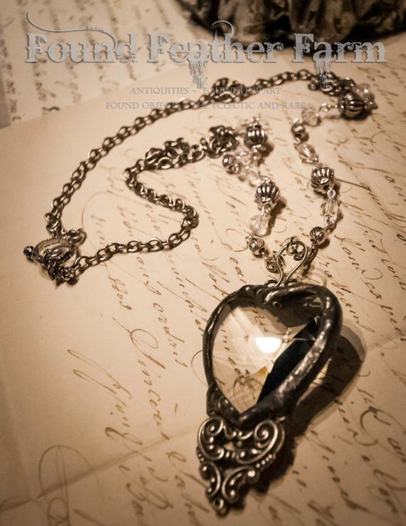 Handmade Vintage Crystal Heart Pendant with Silver Victorian Scroll Detail and Handmade Bead Necklace Chain