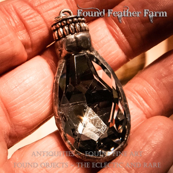 Handmade Soldered Silver Crystal Teardrop Pendant with Pewter Patina and Silver Ribbed End Cap