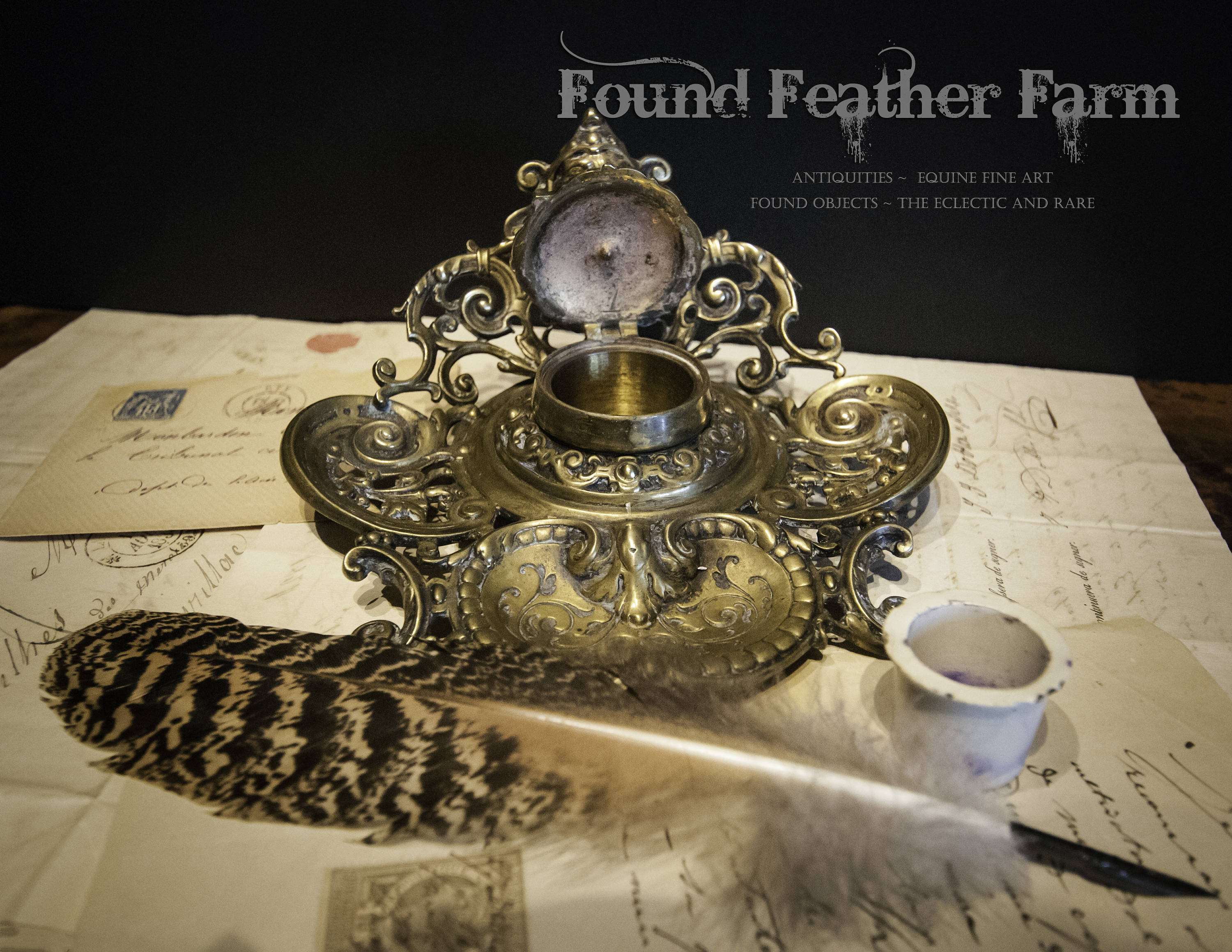 Antique Early 1900's Brass Inkwell with Feather Quill Pen