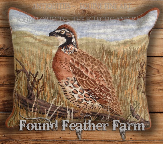 Handmade Needlepoint Pillow of A Quail with Goose Down Insert