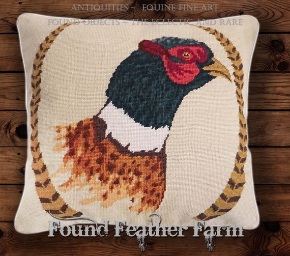 Handmade 18" x 18" Needlpoint Pillow Featuring a Colorful Ring Necked Pheasant with a Wreath of Pheasant Feathers and with Goose Down Fill