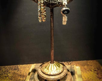 Vintage Handmade Jewelry Display Stand with Wrought Iron Parts and on a Wooden Plinthe Base