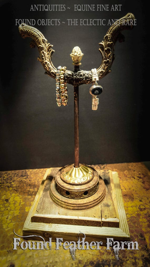 Vintage Handmade Jewelry Display Stand with Wrought Iron Parts and on a Wooden Plinthe Base