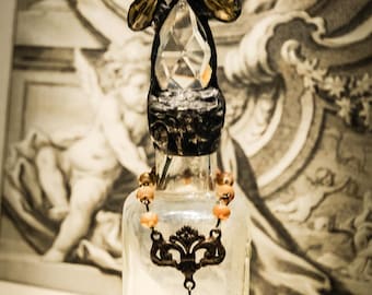 Handmade Glass Cross Bottle with Antique Base and Vintage Crystals