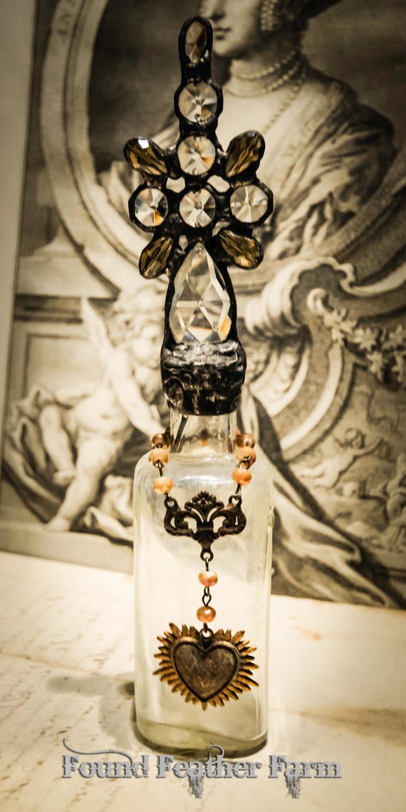 Handmade Glass Cross Bottle with Antique Base and Vintage Crystals
