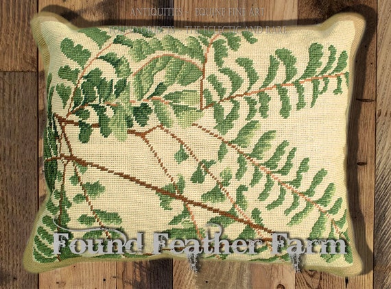 Handmade Wool 20" x 16" Needlepoint Pillow of a Beautiful Forest Ferns with Down Fill