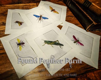 Set of Six Handcolored Hemstitched Insect Cocktail Napkins