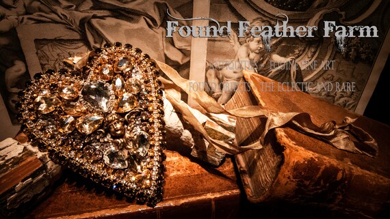 Handmade Tin Ex Votos Heart Embellished With Sparkling Clear and Topaz Pronged Crystal Jewels