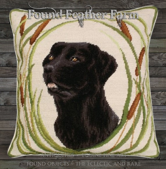 Handmade Wool 18" x 18" Needlepoint Pillow of an Black Labrador Retriever with Down Fill