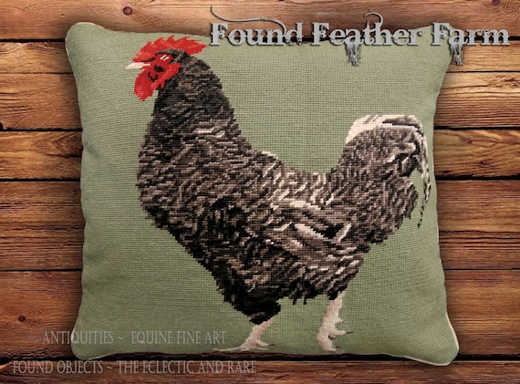 Handmade Wool 18" x 18" Needlepoint Pillow of a Black French Maran Rooster with Down Fill