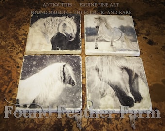 Set of Four Fine Italian Tumbled Marble Coasters with Original Equine Art Images