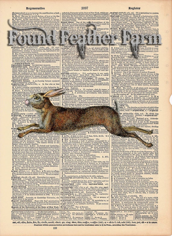 Vintage Antique Dictionary Page with Antique Print "Running Rabbit"