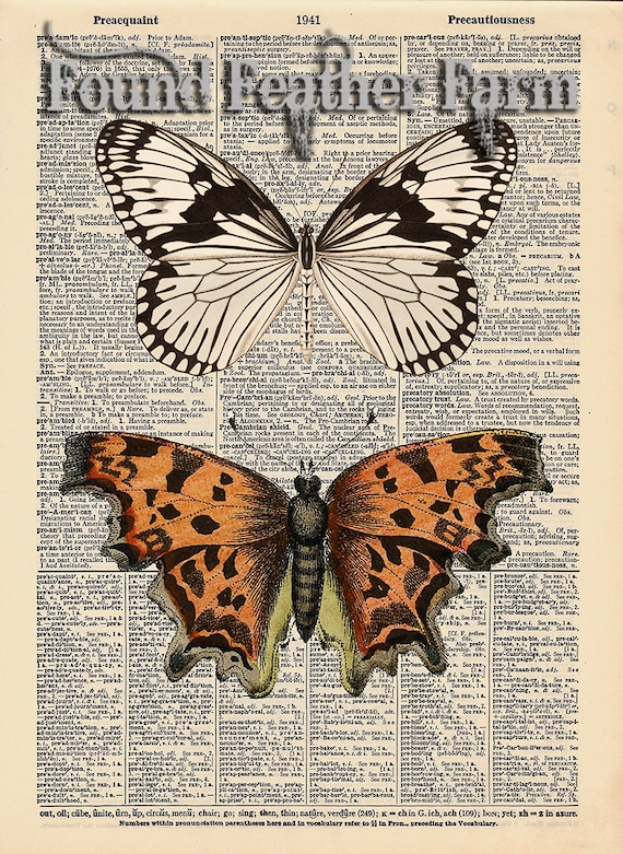 Vintage Antique Dictionary Page with Antique Print "Two Butterflies"